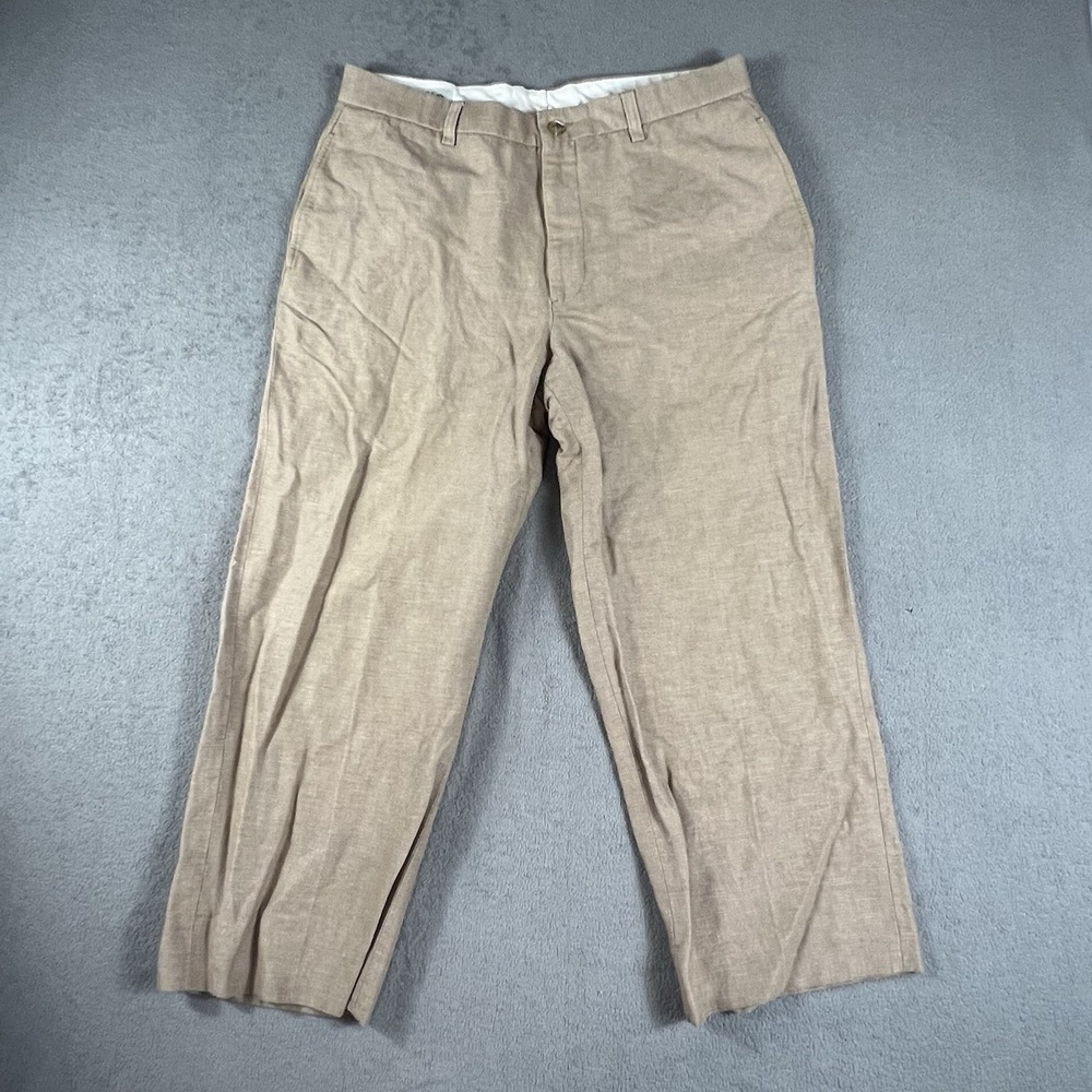 Orvis 100% Linen Pants Men 34 Oatmeal Brown Flat Front Straight Leg Coastal